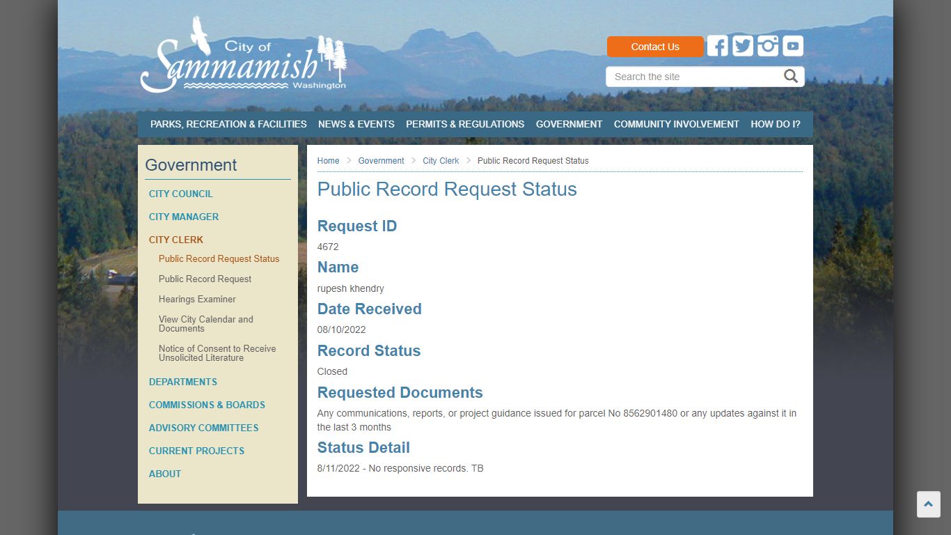 Public Record Request Status - sammamish.us